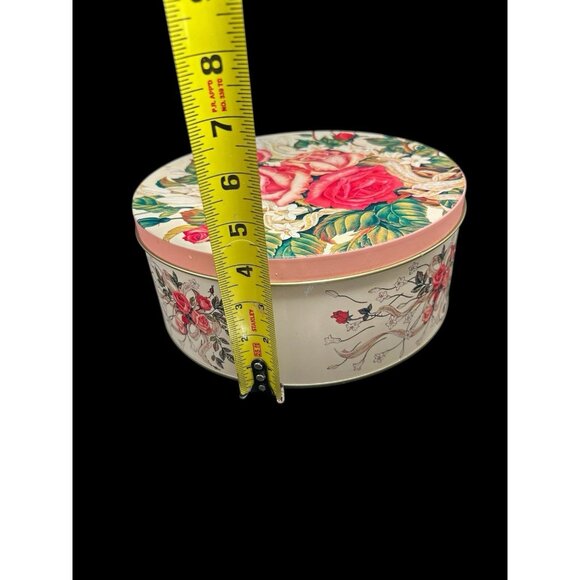 Vintage Pink Roses Collector Tin 10" x 4" Excellent Graphics Cottagecore Granny - Picture 8 of 8
